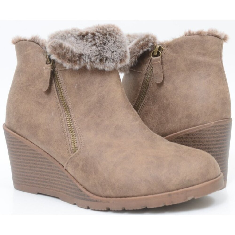 Lane Bryant Emma Women's 10 WIDE Faux Fur Trim & Suede Ankle Wedge Booties